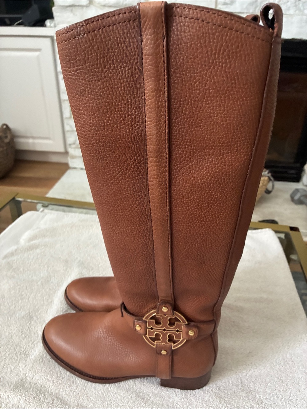 Tory Burch Cognac Pebbled Leather Tall Riding Boots with Logo Medallion